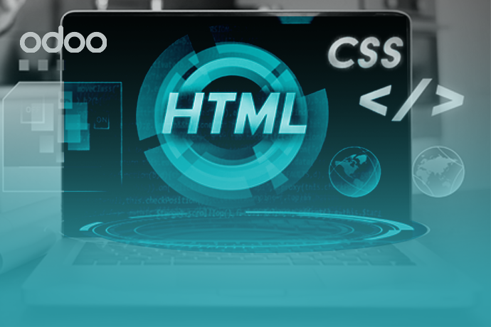 a laptop showing HTML logo and other programming languages
