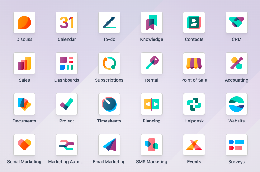 The new user interface of the latest version of Odoo with new apps icons