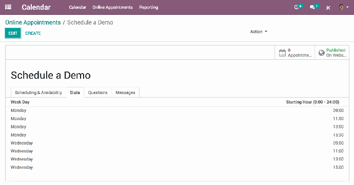 Odoo Appointments app interface