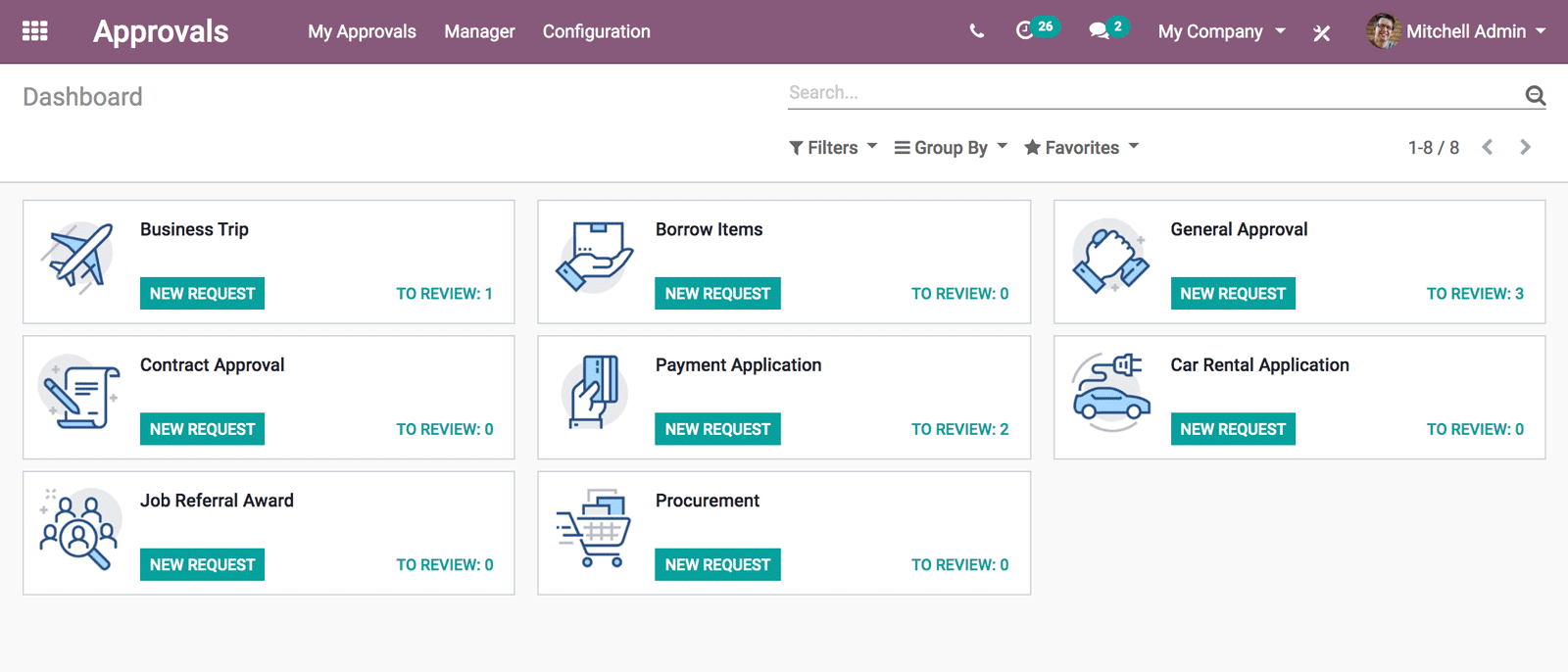 Odoo Approvals App interface