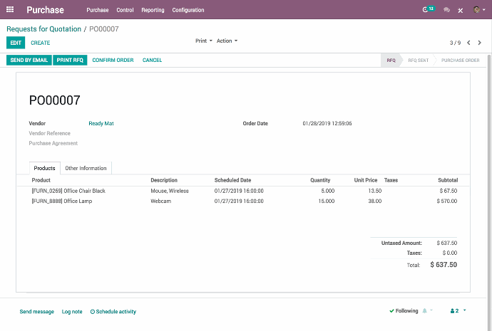 Odoo Purchase app interface