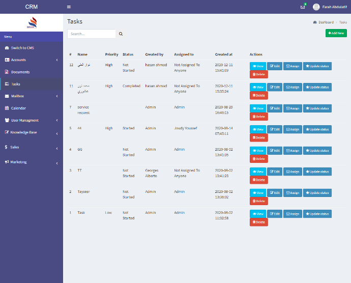 A screenshot of Tanweer's CRM dashboard