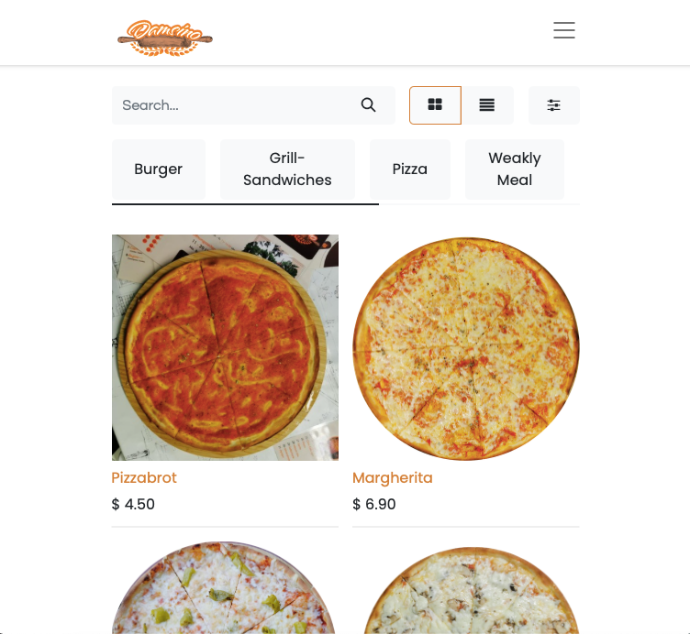 Ein Screenshot der Pizzakarte von Damsino's auf ihrer Website